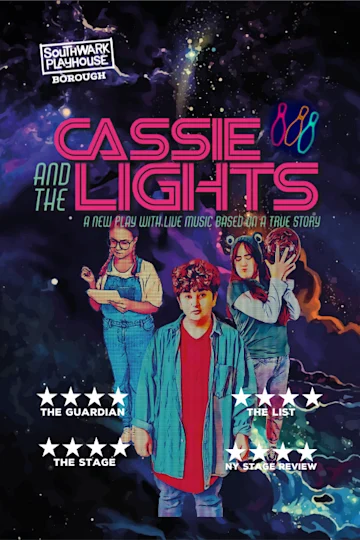 Cassie and the Lights show poster for Southwark Playhouse, three performers against a starry night sky background