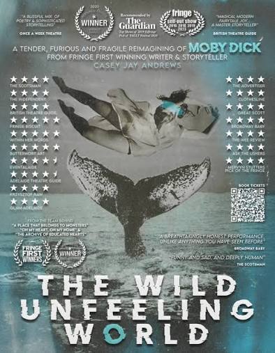 The Wild Unfeeling World show poster: a performer reimagined as a whale-tailed figure against a monochrome sea, surrounded by award laurels and review quotes